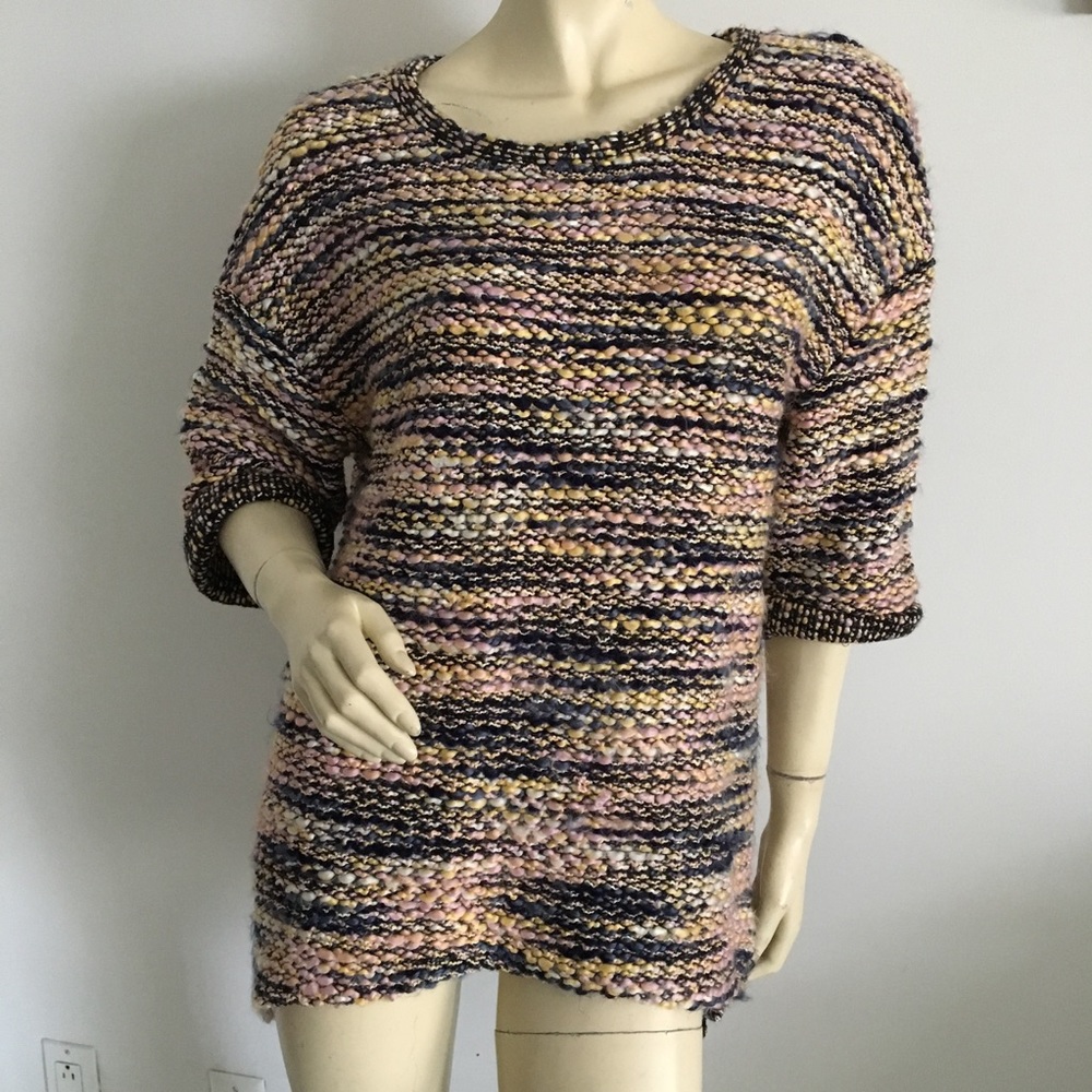 Oversized chunky knit short sleeved sweater with multicolored stripes